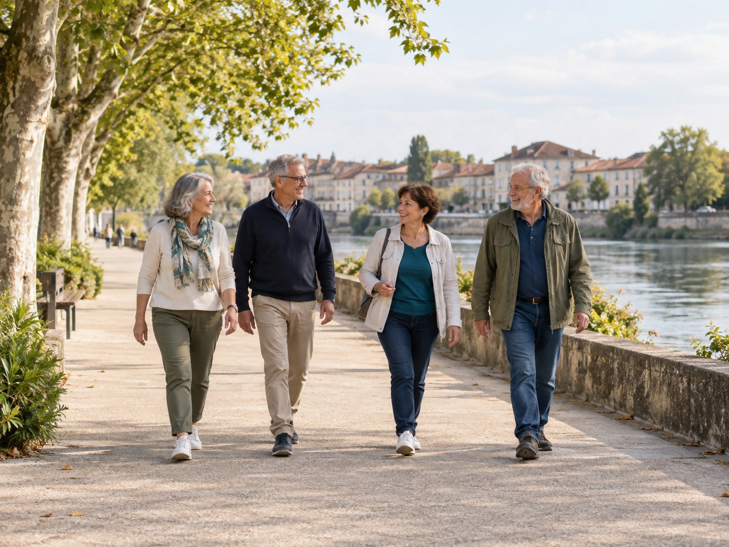 Illustration d'une marche conviviale en groupe sur une promenade urbaine au bord de l'eau